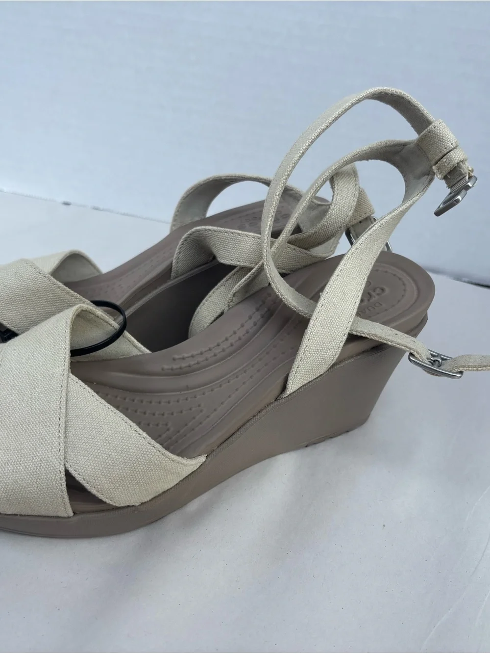 Crocs Leigh Beige Canvas Ankle Strap Wedge Sandals